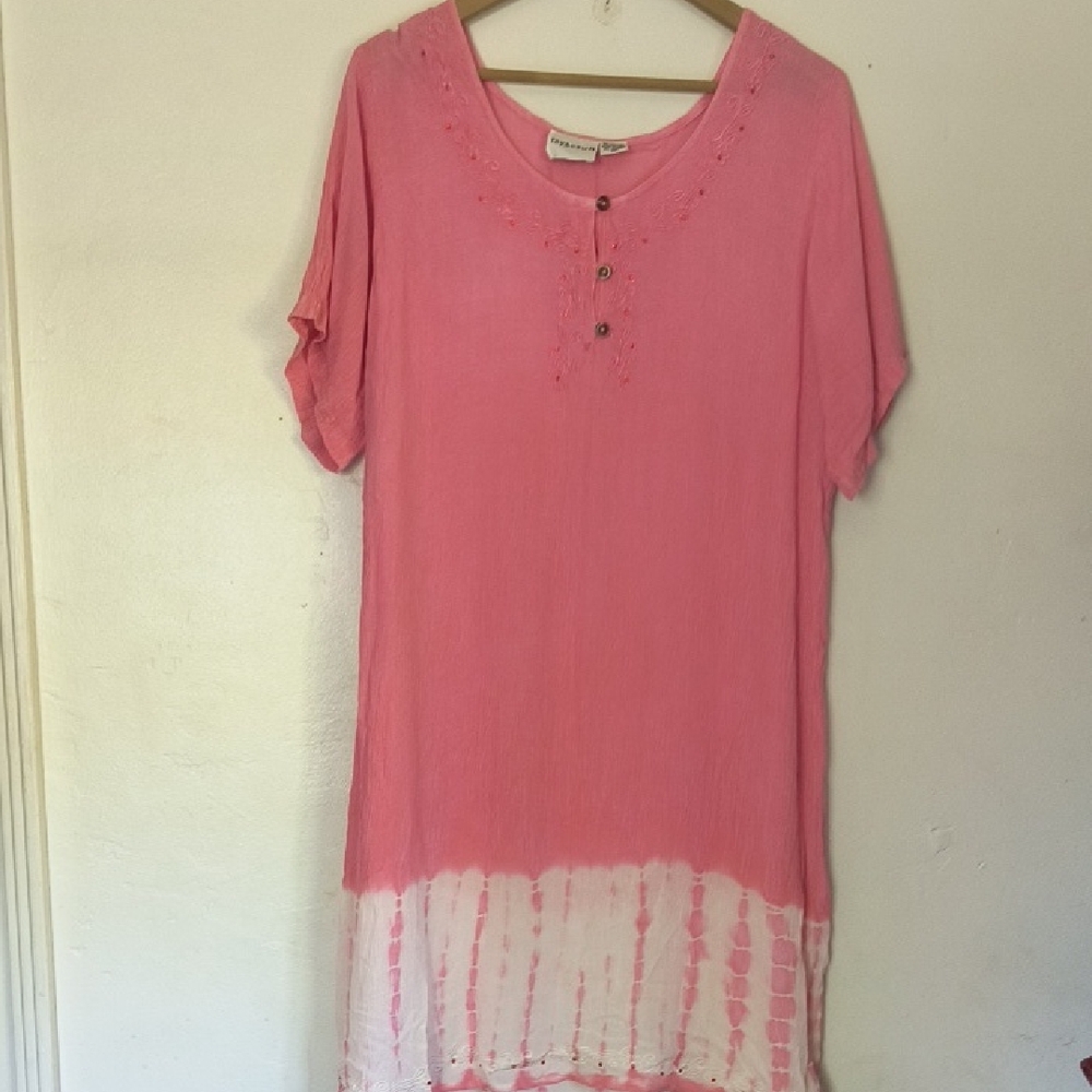 Raya Sun Pink White Embroidered Gauze Tie Dye Umbre Midi Dress Sz 1X Women